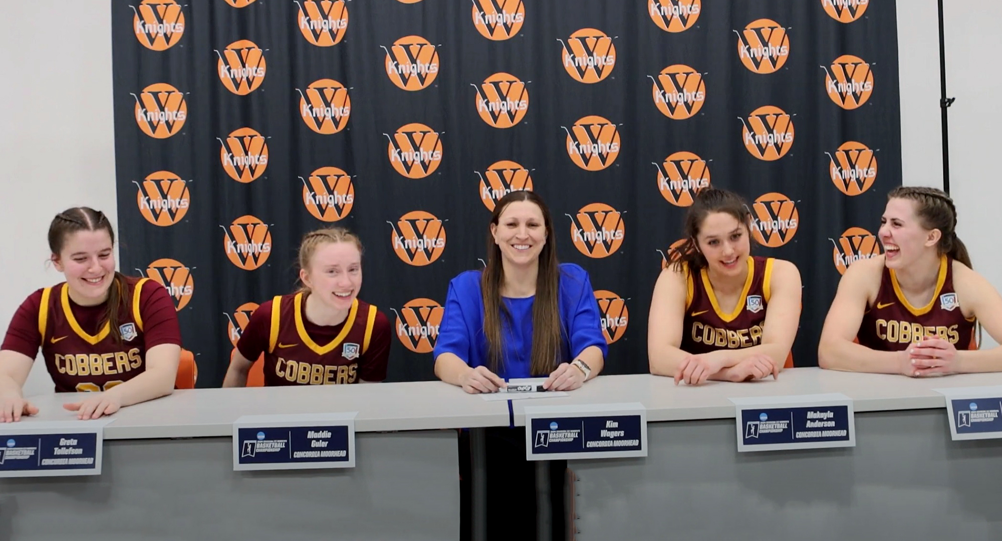 (L-R) Greta Tollefson, Maddie Guler, Kim Wagers, Makayla Anderson and Emily Beseman in the Cobbers' postgame press conference.