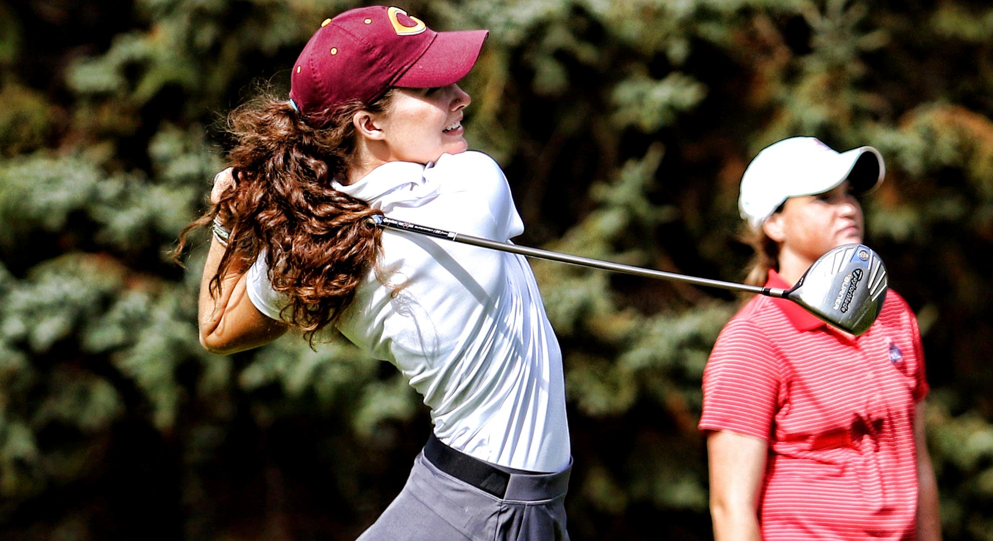 Senior Emily Grace Olson tees off during the third round at the MIAC Championship Meet. (Pic courtesy of Don Stoner - Augsburg Sports Information)