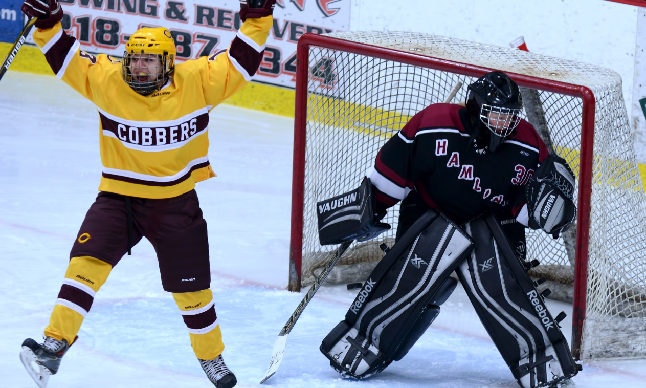 Junior Jessie Kngelf celebrates the Cobbers' first goal in their 4-1 win over Hamline in the series opener.