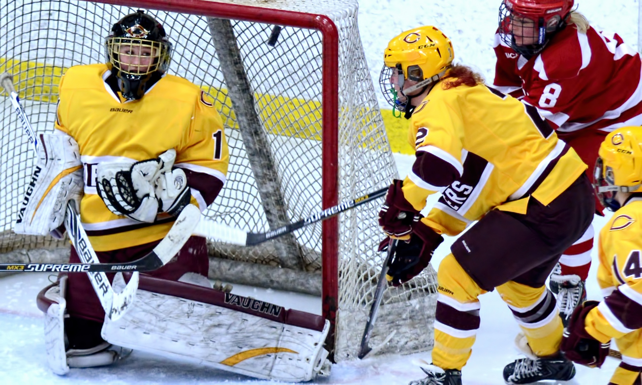 Junior goalie Andrea Klug eyes the puck as it sails towards the Concordia goal during their MIAC quarterfinal win over St. Mary's.
