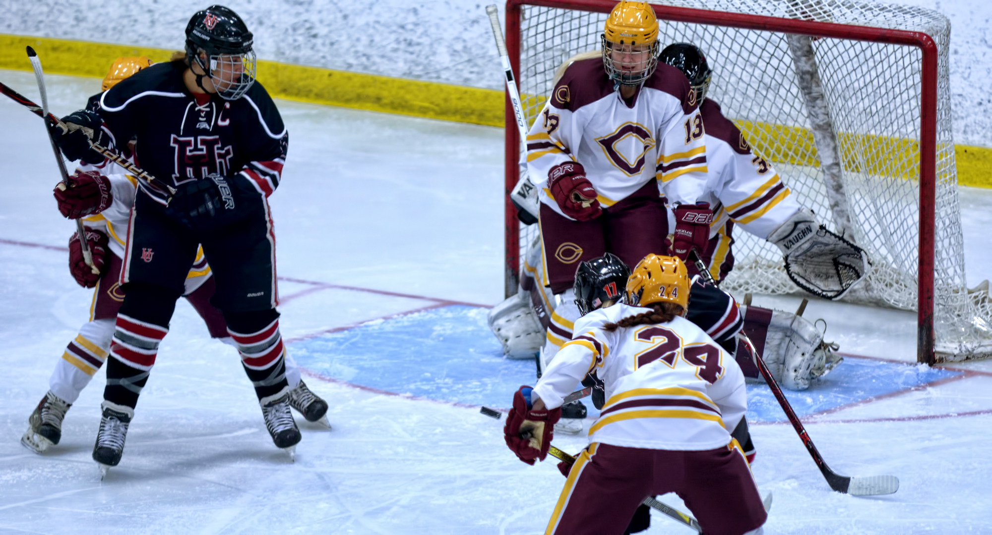 A shot gets fired at the Concordia goal during the Cobbers' series finale with Hamline.