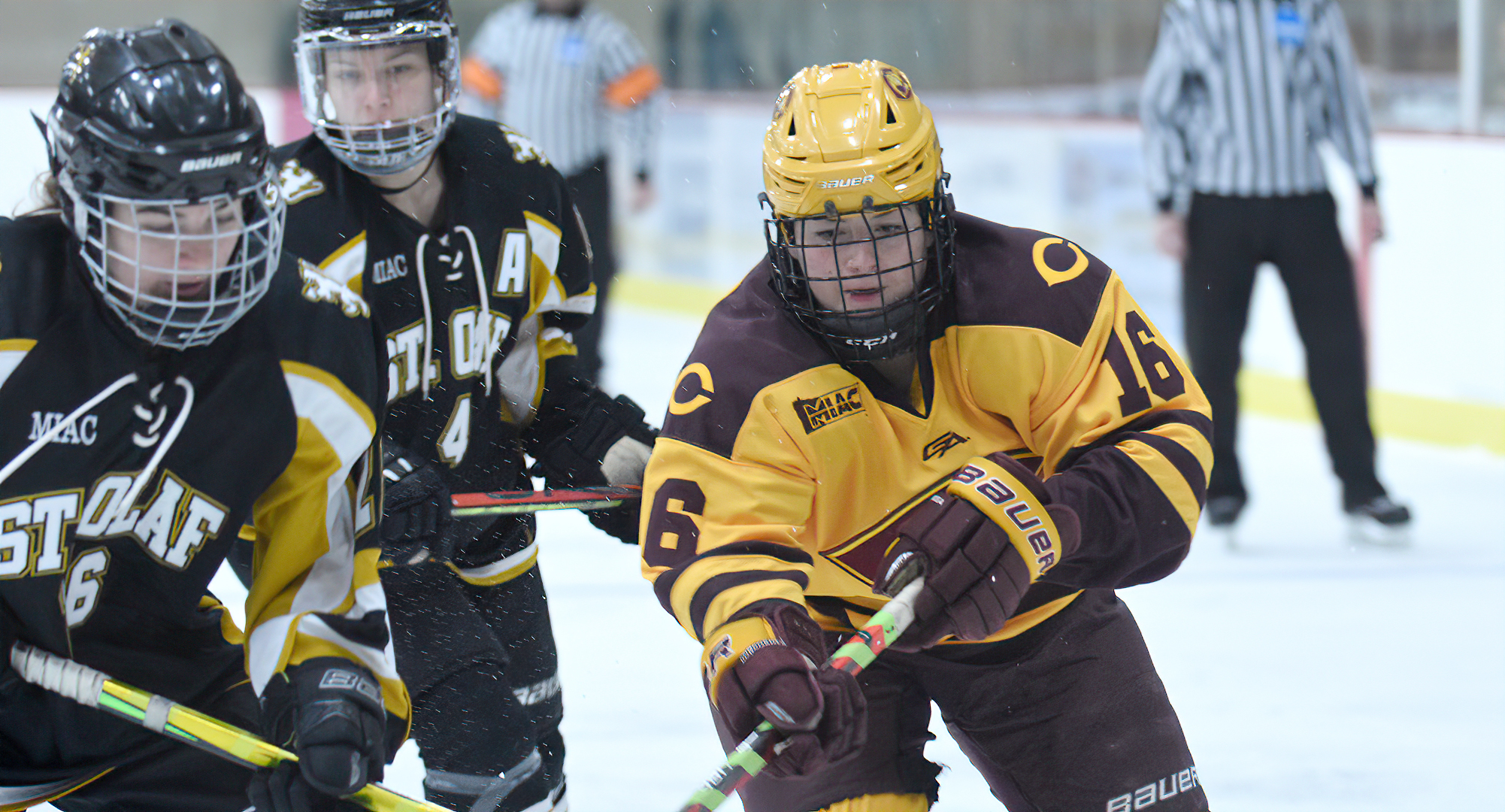 Brenna Mjoness tangles with a defender during the  Cobbers' game with St. Olaf. Mjoness scored her fifth goal in the last four games in the game.