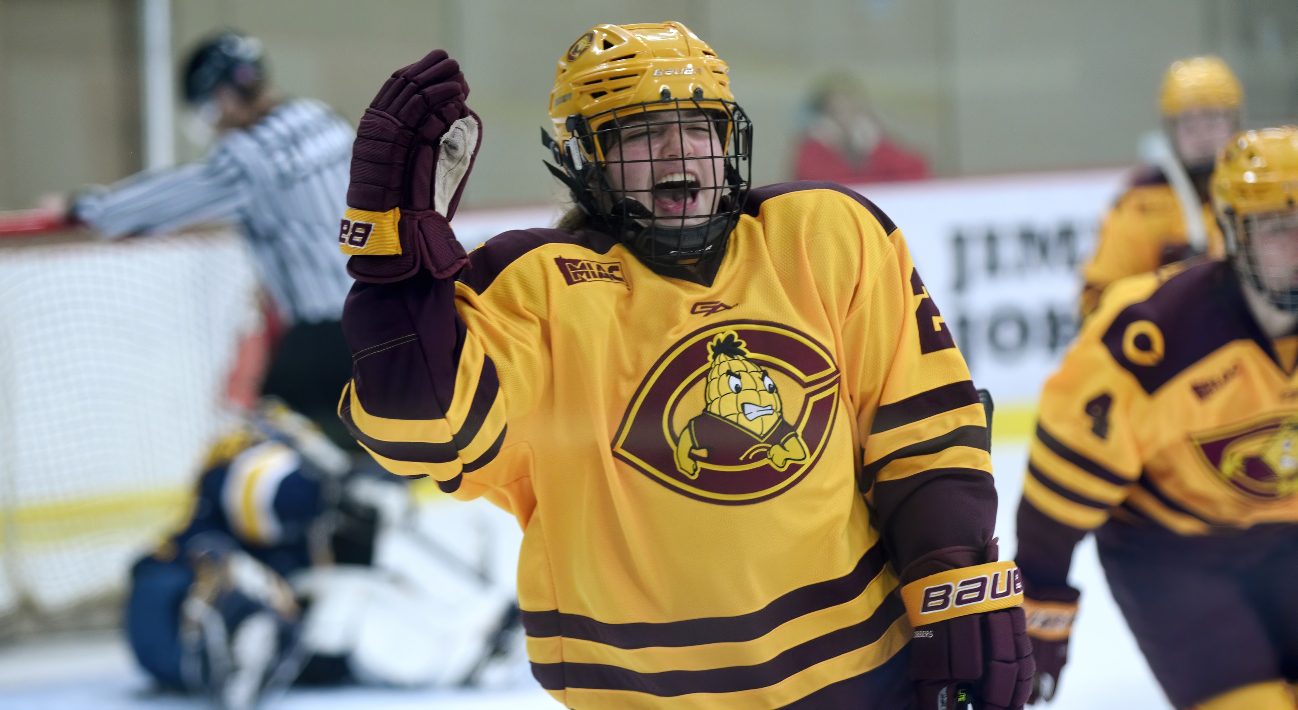 Jerica Friese celebrates her goal in the second period of the Cobbers' 3-2 OT win over #2 UW-Eau Claire. Friese had all three goals for CC.