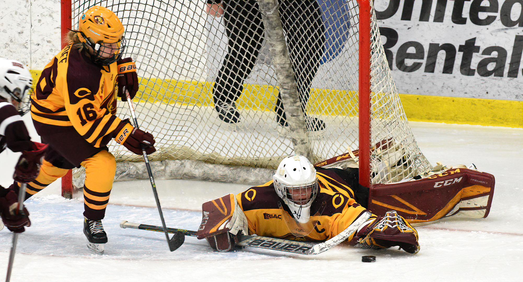 Kiana Flaig makes a save on a breakaway during the second period of the Cobbers' 2-0 win. Flaig stopped all 41 shots to record the shutout.