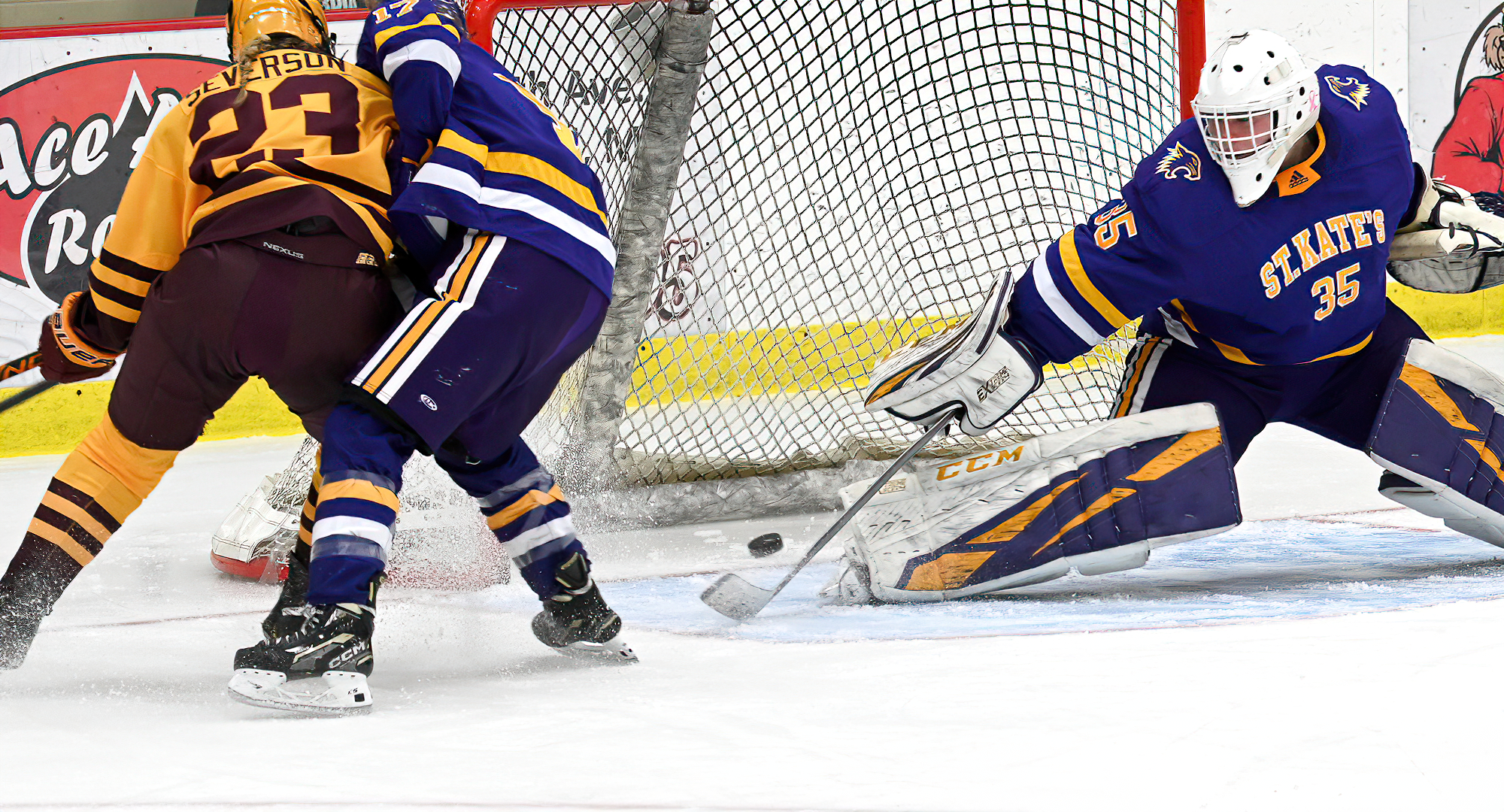 Taylor Severson (#23) taps home a rebound for the Cobbers' first goal in their series opener with St. Catherine.