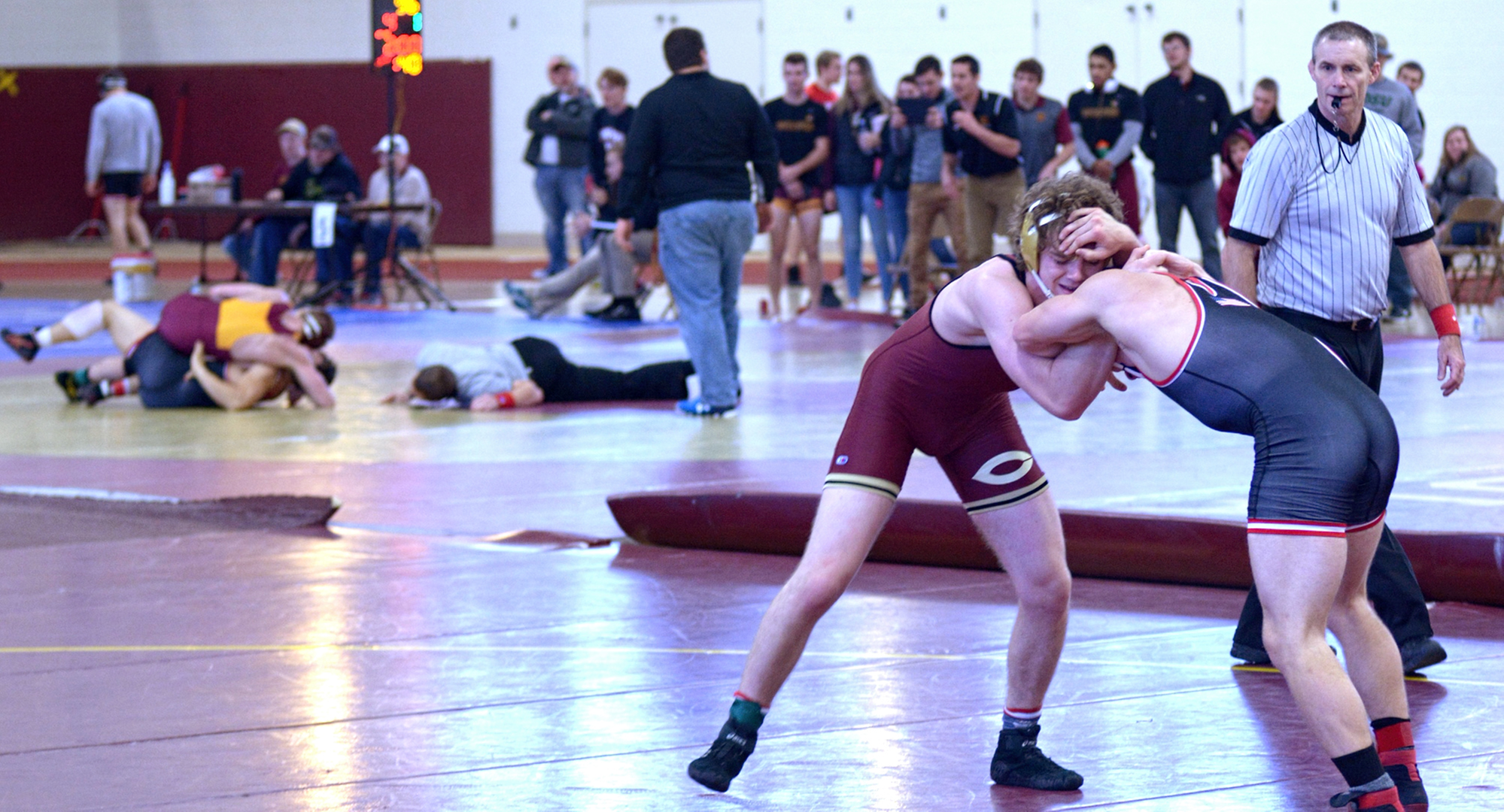 Sophomore Ty Johnson wrestles in the semifinals at 149 in the Finn Grinaker Cobber Open.