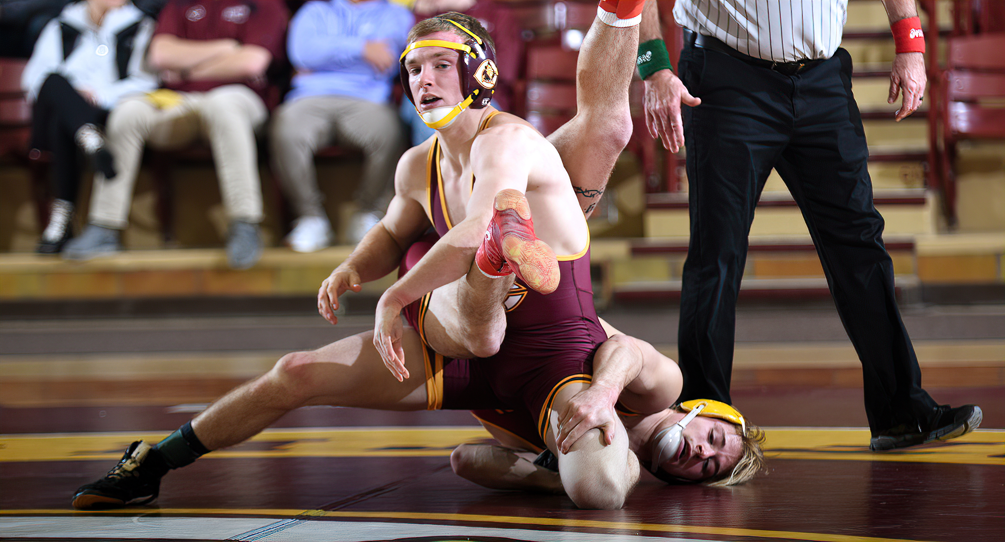 Cade Lundeen gets the upper hand in his match at 141. He earned a pin in the final second of the first period in the Cobbers' dual with Northern St.