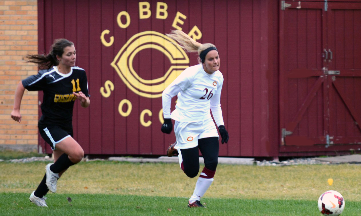 Paige McCullough races down the field. McCullough scored the game-winning goal in the Cobbers' 3-2 playoff-clinching win over Gustavus.