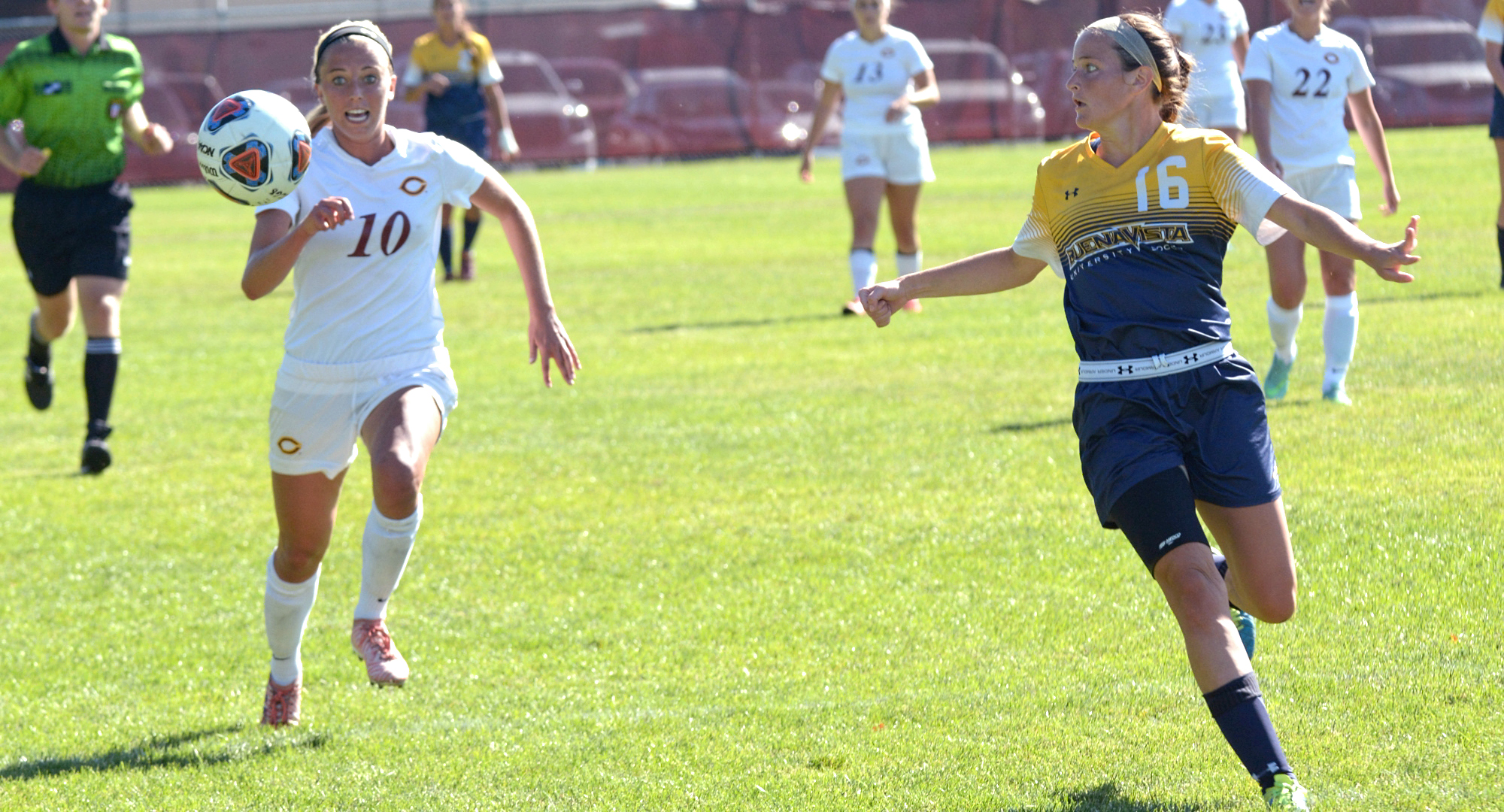 Concordia senior Kayla Dostal tries to track down a bouncing ball near the Buena Vista goal. Dostal helped the Cobbers blank BVU 4-0.