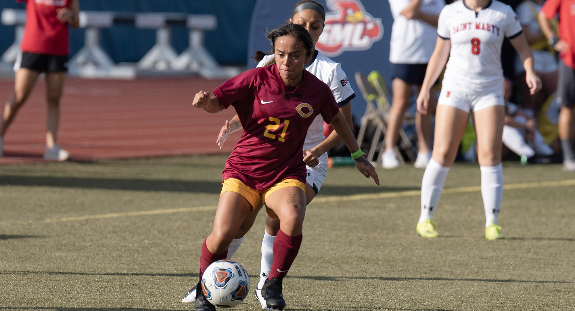Freshman Alex Araiza controls the ball during the first half of the Cobbers' game at St. Mary's. (Photo courtesy of SMU Sports Information)