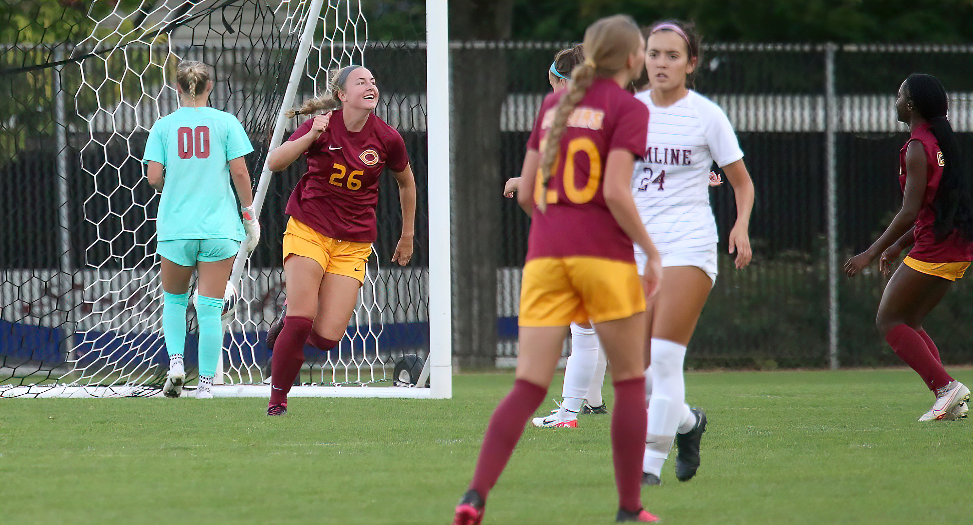 Senior Sophia Robinson celebrates her goal in the first half of the Cobbers' 1-0 win at Hamline (Photo courtesy of Ryan Coleman, D3photography)