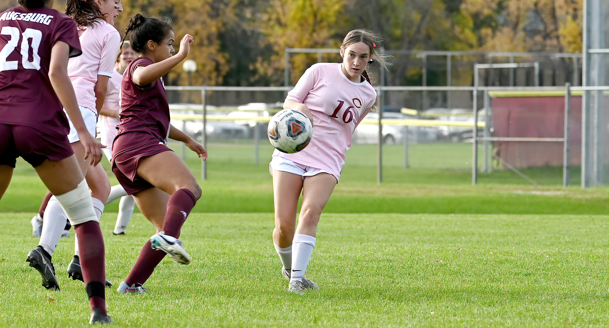 Kara Ellis makes a pass up the field during the Cobbers' win over Augsburg. She scored the game-winning goal in the first half.