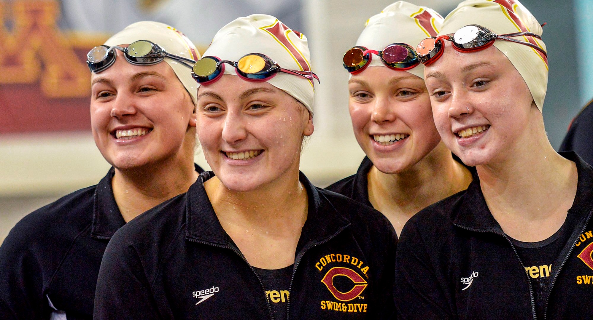 The Concordia 800-yard freestyle relay team is all smiles after posting a season-best time by almost 14 seconds.