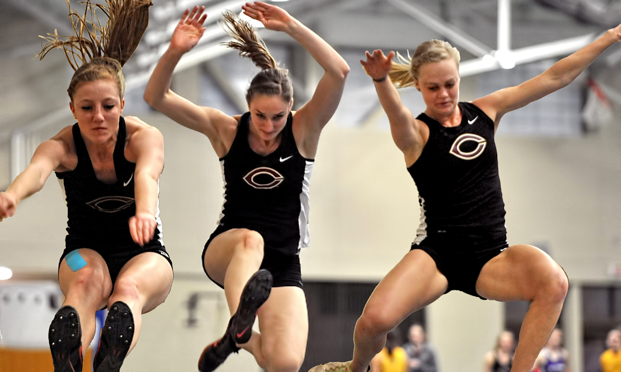 Jenna Stilwell, Anna Skow-Anderson and Mikayla Forness all posted Cobber all-time top 10 marks in the pentathlon at the conference multi-event competition on Friday. (Photos courtesy of Carleton SID)