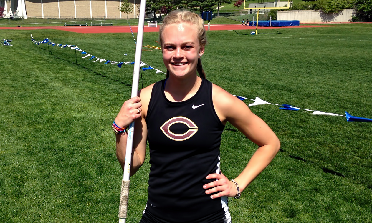 Sophomore Mikayla Forness is all smiles after unleashing a huge toss in the javelin at the MIAC heptathlon. Her near school-record throw helped her earn her second straight All-MIAC honor in the event.