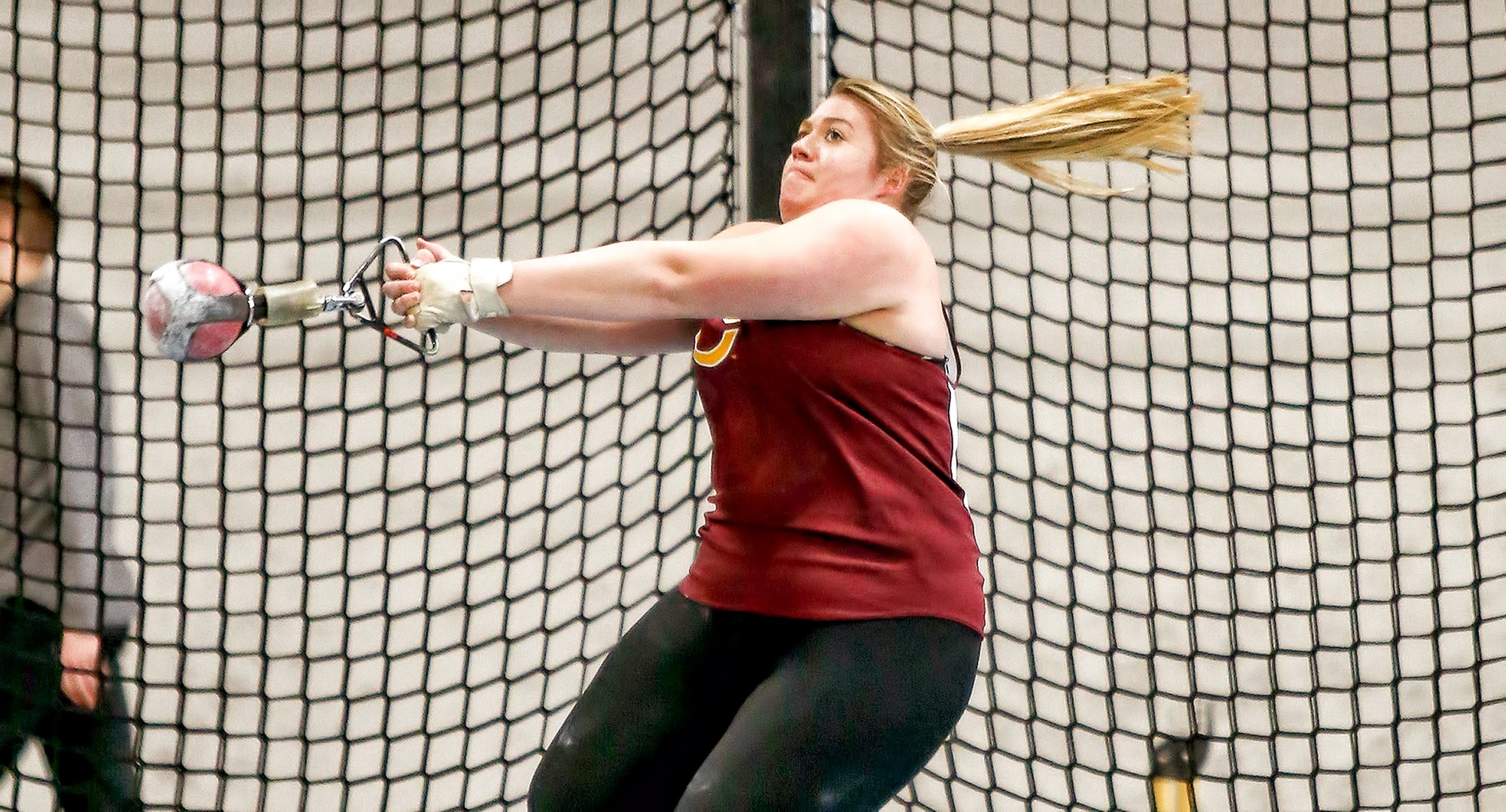 Kelsey Rajewsky posted her second straight 5th-place finish in the weight throw at the MIAC Indoor Meet. She was one of three CC athletes who went 3-4-5 in the event. (Photo courtesy of Nathan Lodermeier)