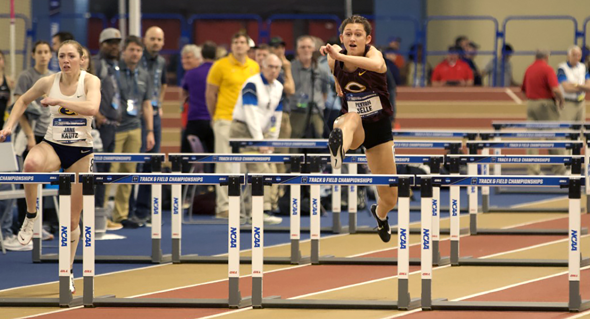 Peyton Selle clears the hurdle in the 60-meter hurdles in the pentathlon at the NCAA Indoor Meet. (Photo courtesy of Kelly Anderson Diercks, St. Ben's)