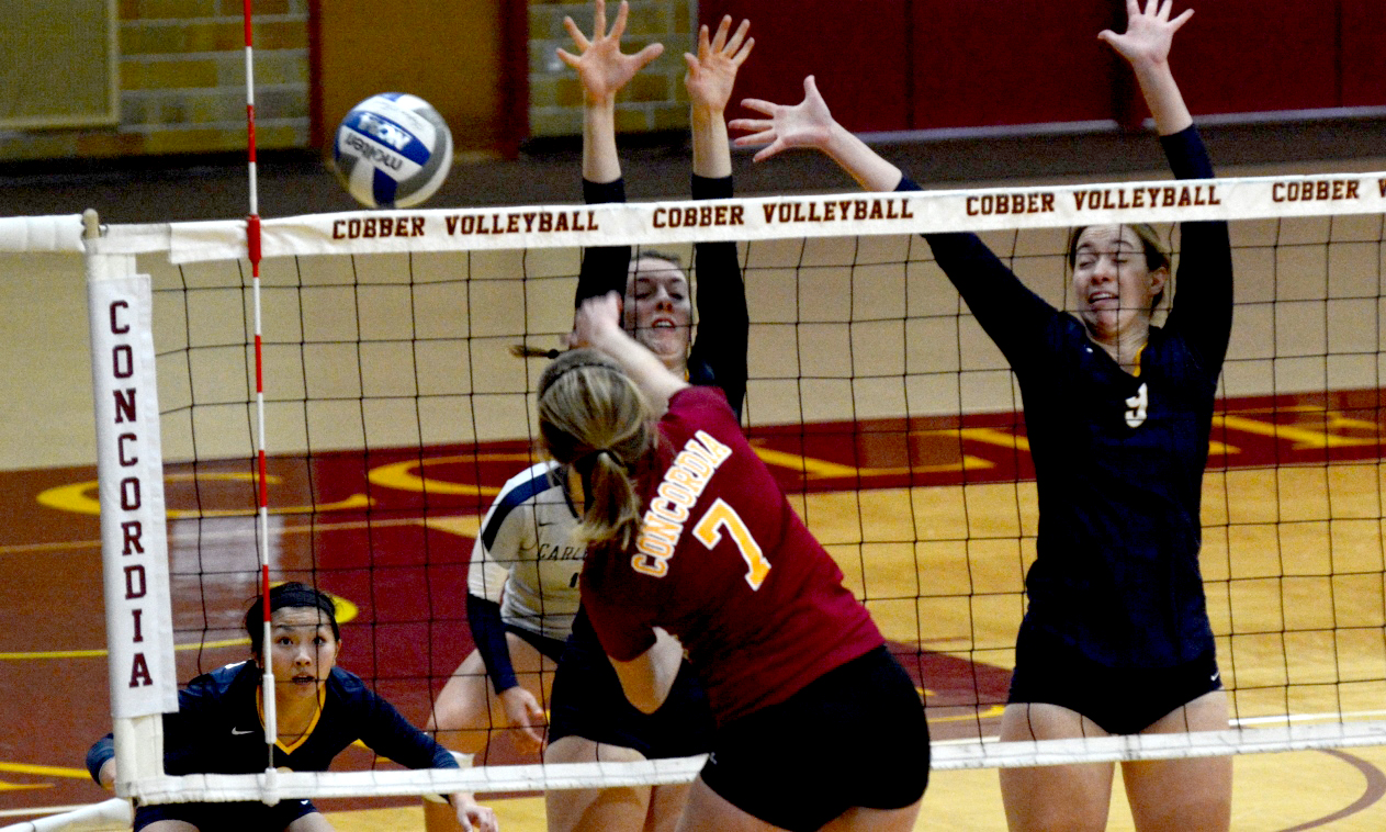 Freshman Haley Cuppett powers the ball through the block in Concordia's 3-0 sweep over Carleton.