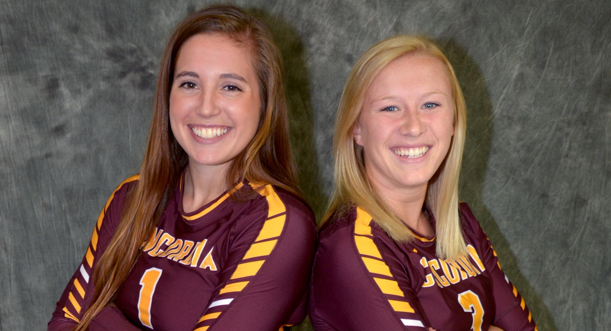 Seniors Mandy Mercil (L) and Jena Klaphake helped Concordia clinch a playoff spot  with a 3-0 sweep over St. Benedict.