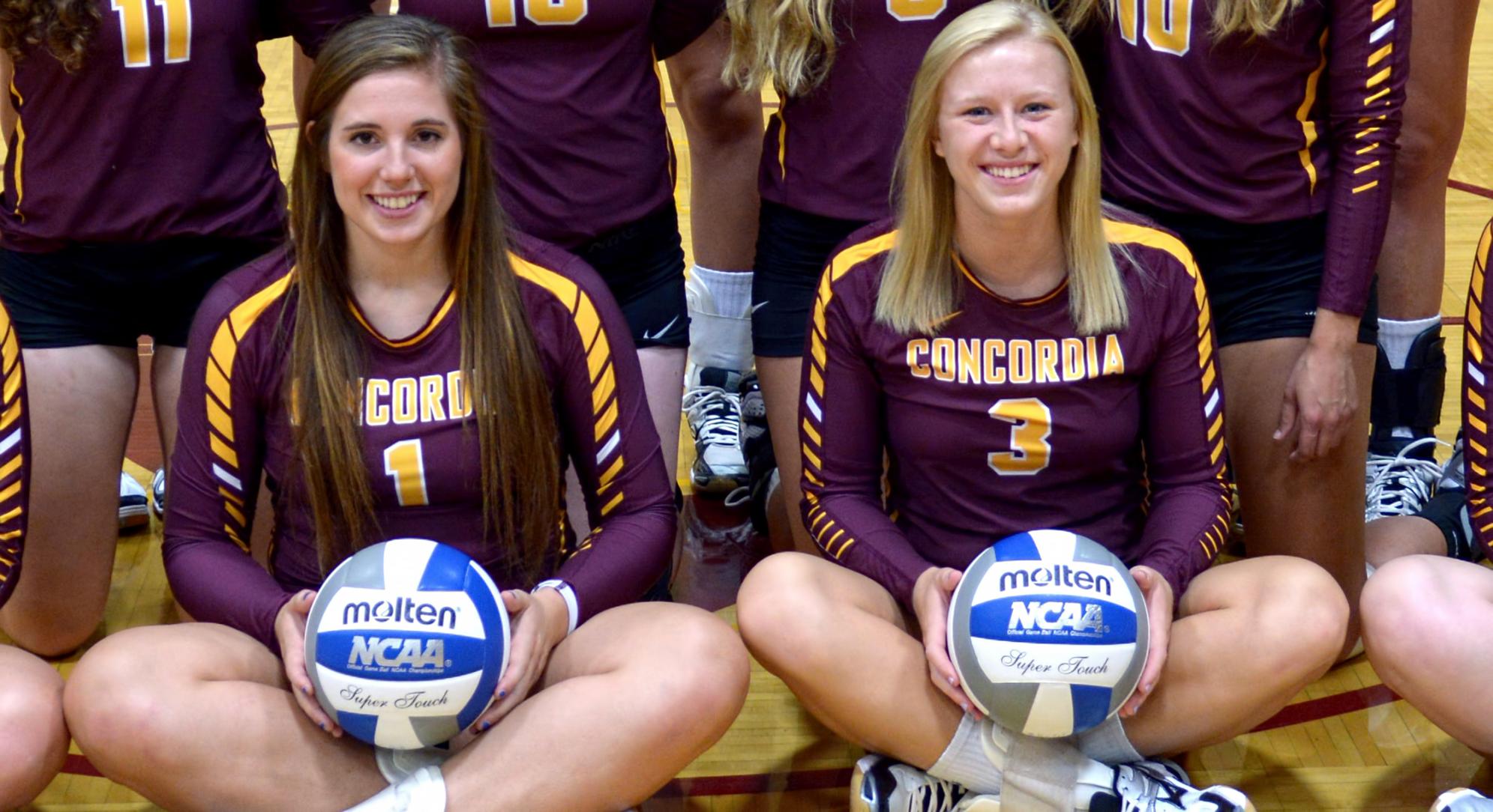 Seniors Mandy Mercil (L) and Jena Klaphake are the new-age definition of a mother for the Cobber volleyball team.