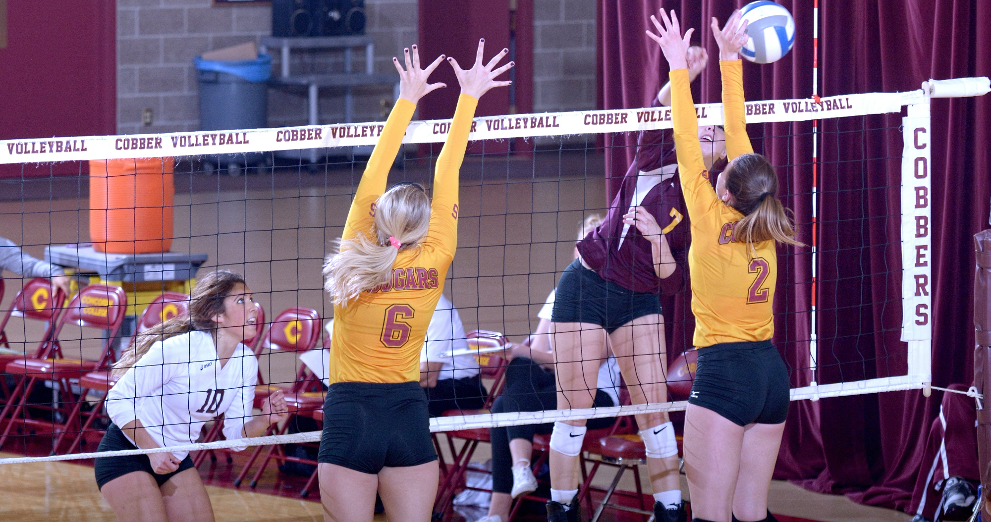 Sophomore Haley Cuppett hits the ball down the line for one of her team-high 17 kills in the Cobbers' 3-1 win over Minn.-Morris.