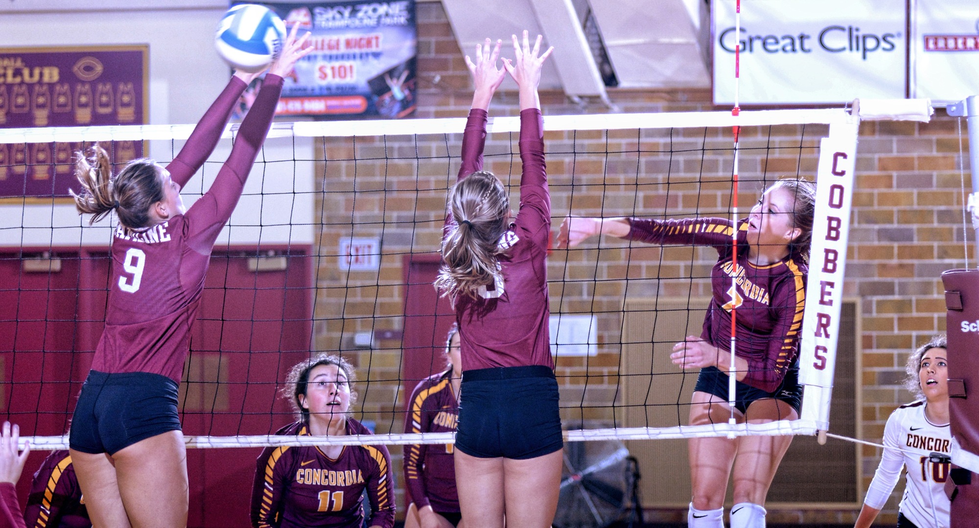 Junior Haley Cuppett hammers the ball through the block for one of her match-high 15 kills in the Cobbers' 3-1 win over Hamline.