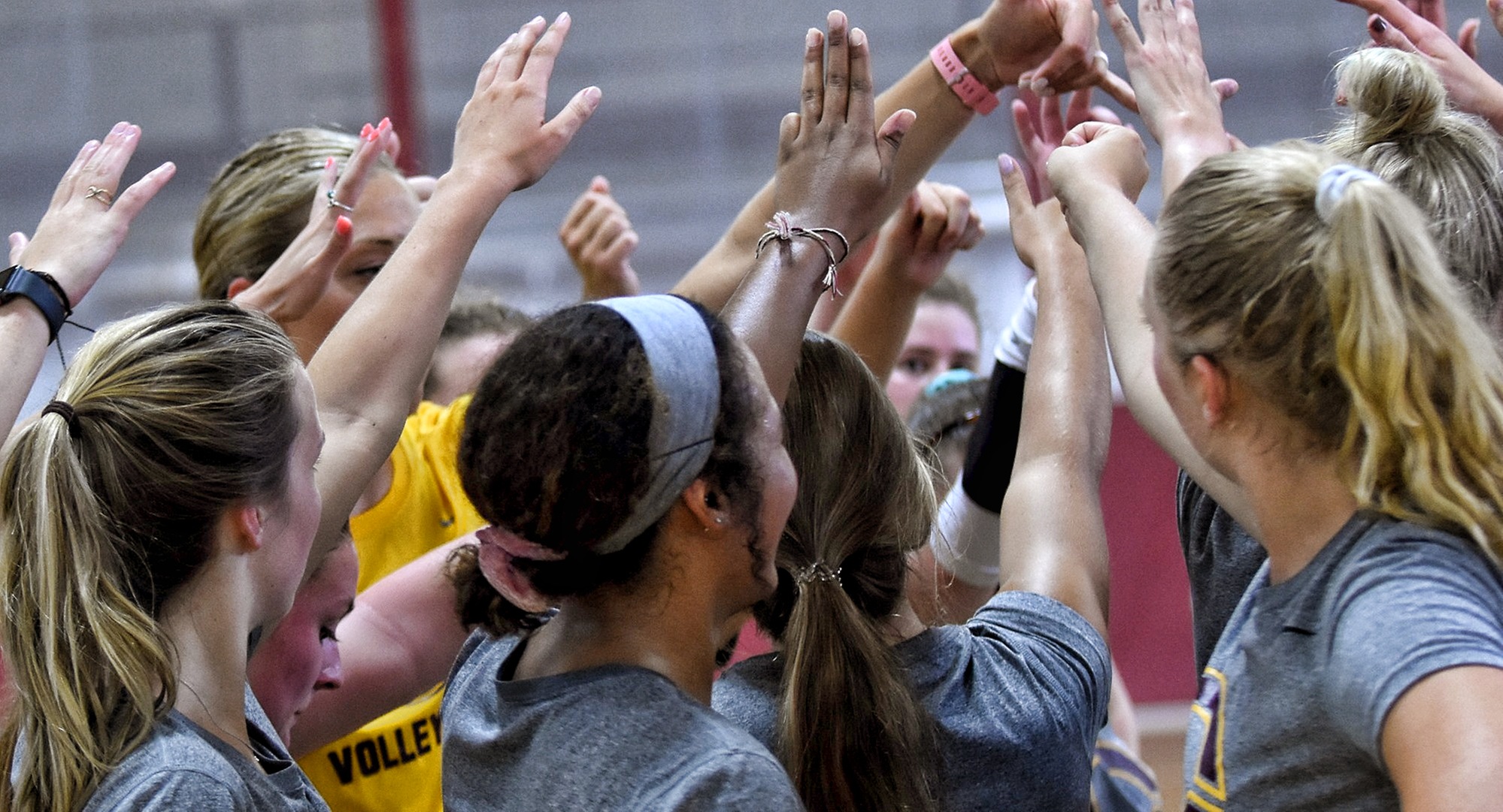 The 2019 Cobber volleyball team huddles together