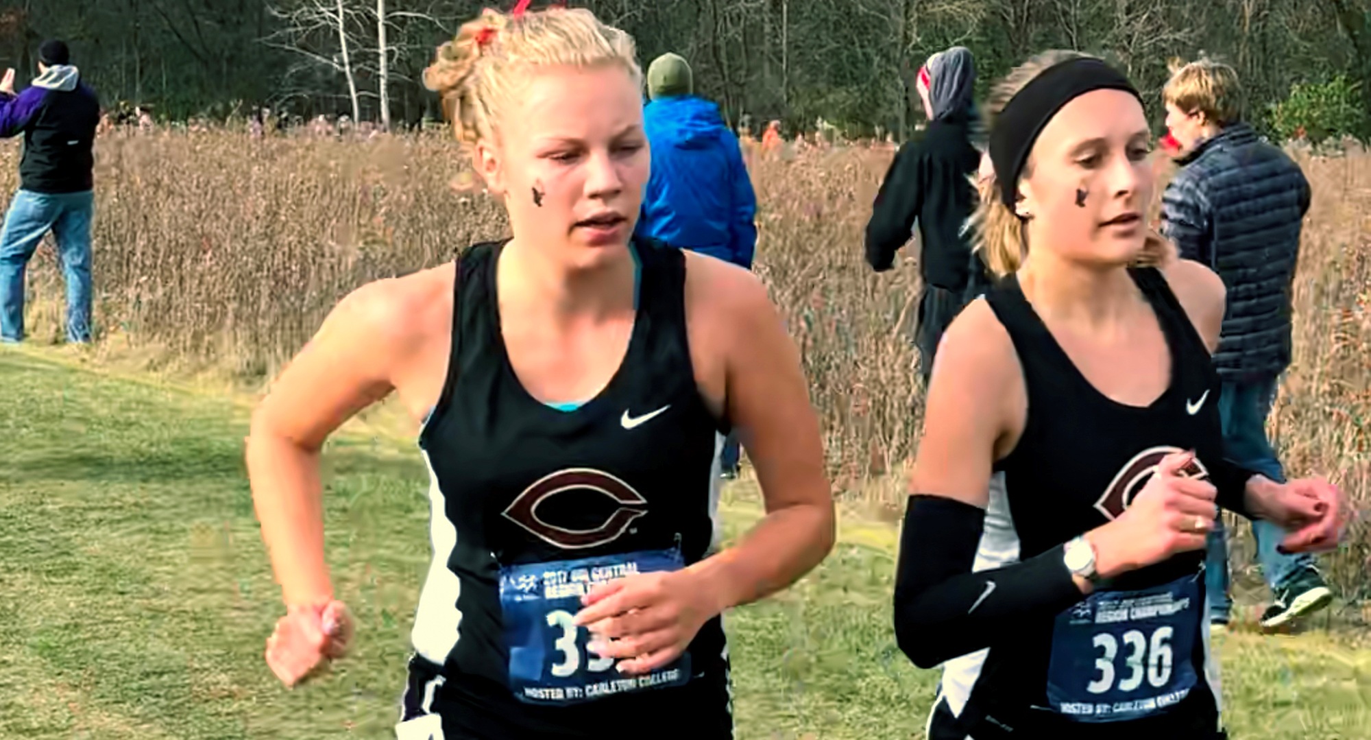 Kara Andersen (L) and Brianna Gruenberg paced each other at the NCAA Region Meet as they led the Cobbers with Top 60 finishes.