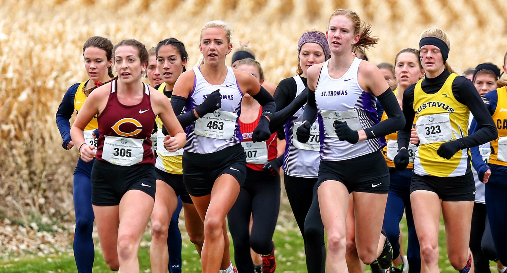 Junior Meritt Miller leads a pack of runners at the MIAC Championship Meet. She went on to earn All-Conference honors for the first time in her career. (Photo courtesy of Nathan Lodermeier)