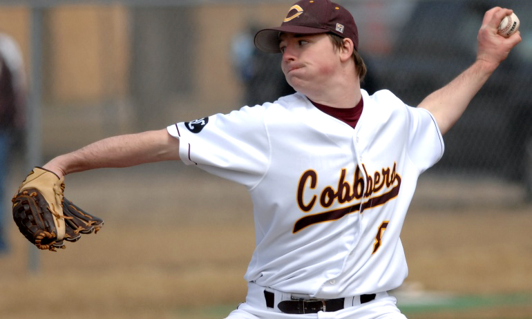 Senior Bryce Feia pitched the ninth inning to earn his first save of the year in the Cobbers' 6-4 win over Augustana (Ill.).