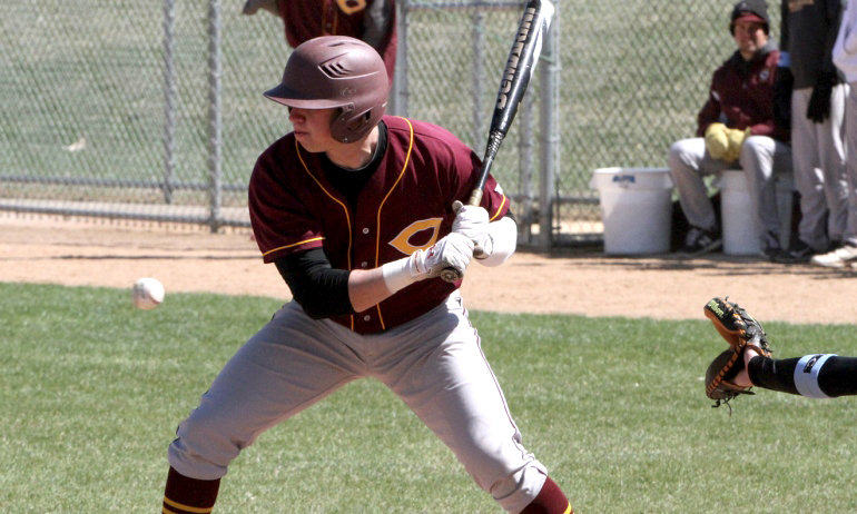 Nick Bornhauser looks at a pitch in the Cobbers' split at Gustavus. He had six hits and four doubles. (Photo courtesy of Gustavus SID)