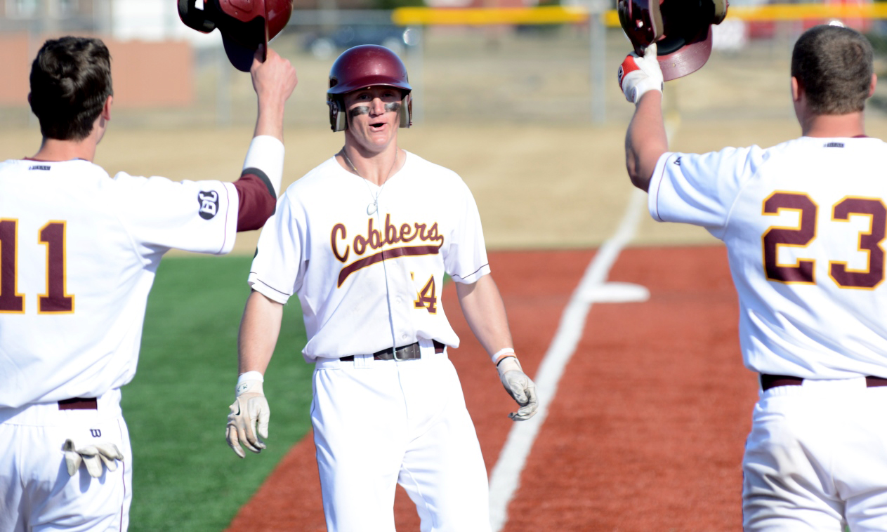 Sophomore Chad Johnson reacts after touching home plate after his second home run in Concordia's win over Jamestown.
