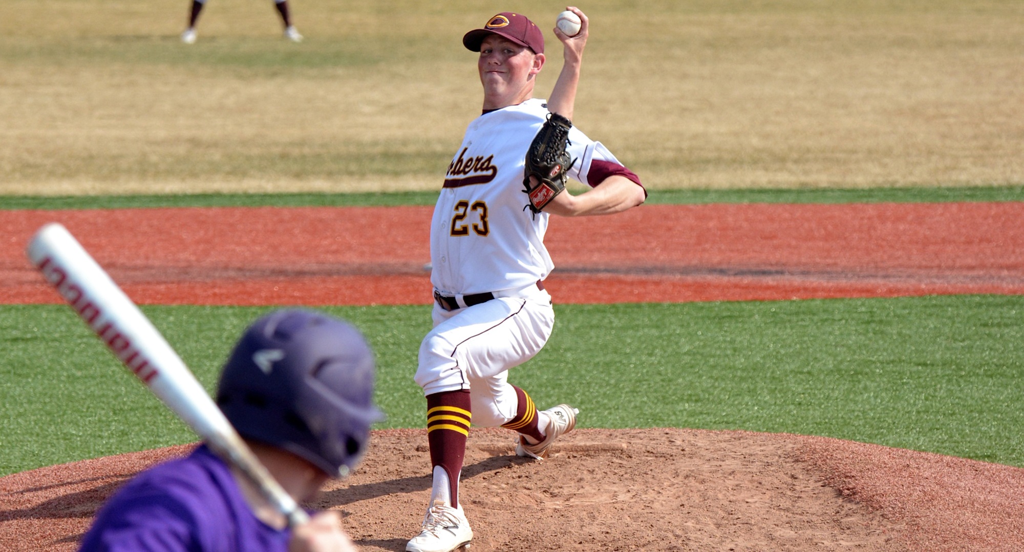 Cole Christensen pitched a complete-game four hitter and retired the final 11 batters he faced in the Cobbers' split at Hamline.