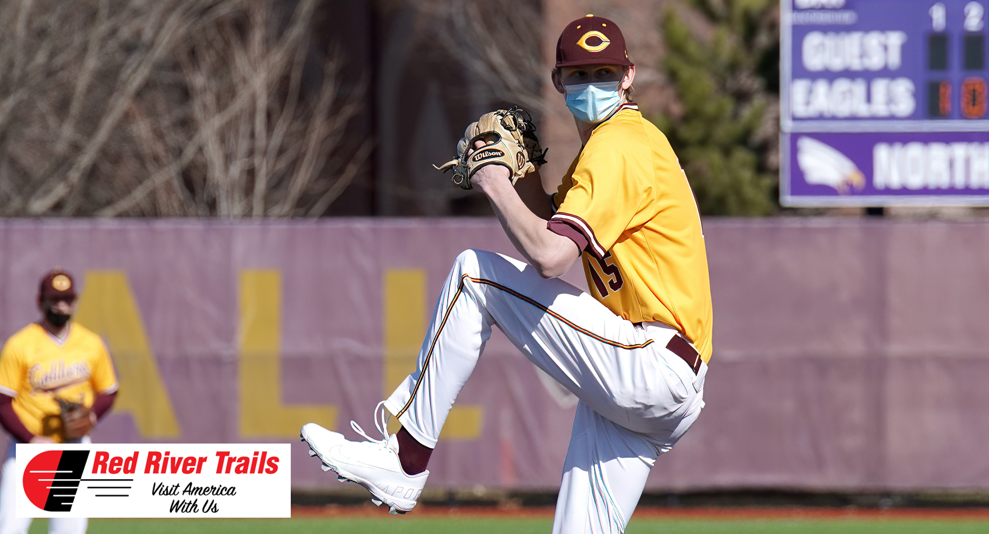 Senior Ty Syverson gets ready to deliver a pitch in the Cobbers' 10-2 win over Crown in Game 1. Syverson struck out nine for his second straight start and leads the MIAC in Ks. (Pic courtesy of Crown Sports Information).