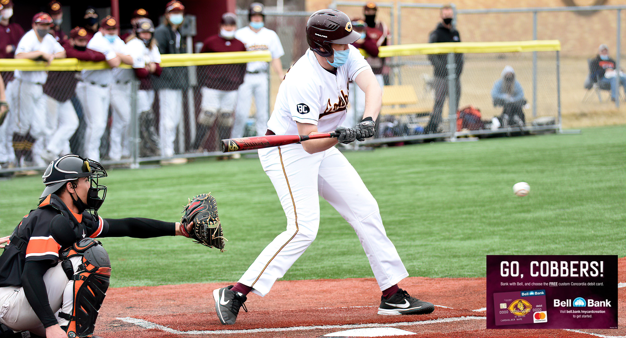 Senior Ben Swanson gets ready to connect on a single in the first inning of the Cobbers' home opener against Jamestown. The single extended Swanson's hit streak to five games.