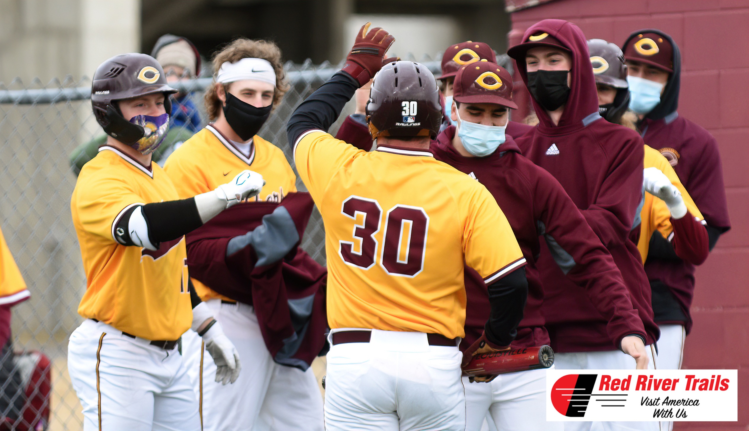 Concordia scored nine runs and clouted 16 hits in their MIAC-opening win over Hamline. Canaan Fagerland (#30) went 2-for-5 and drove in a run.