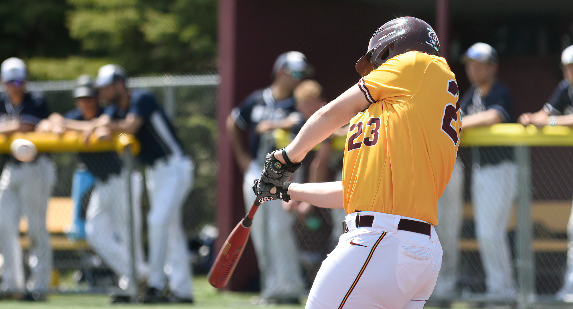 Senior Ben Swanson connects on a double in the first inning of the Cobbers' opener with Bethel.