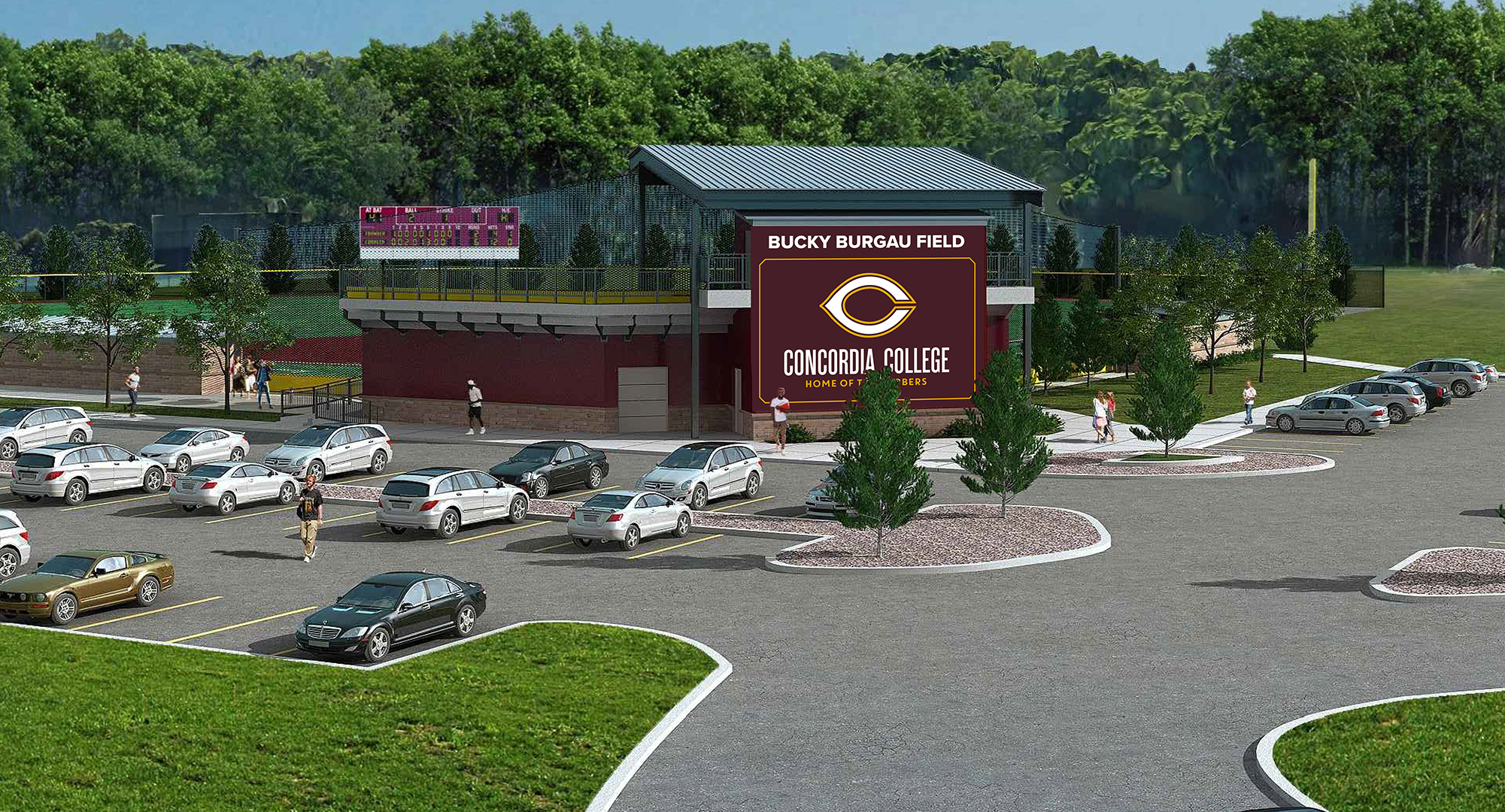 An artists rendering of the new grandstand, backstop, dugouts and scoreboard at Bucky Burgau Field which will be completed by March of 2023.