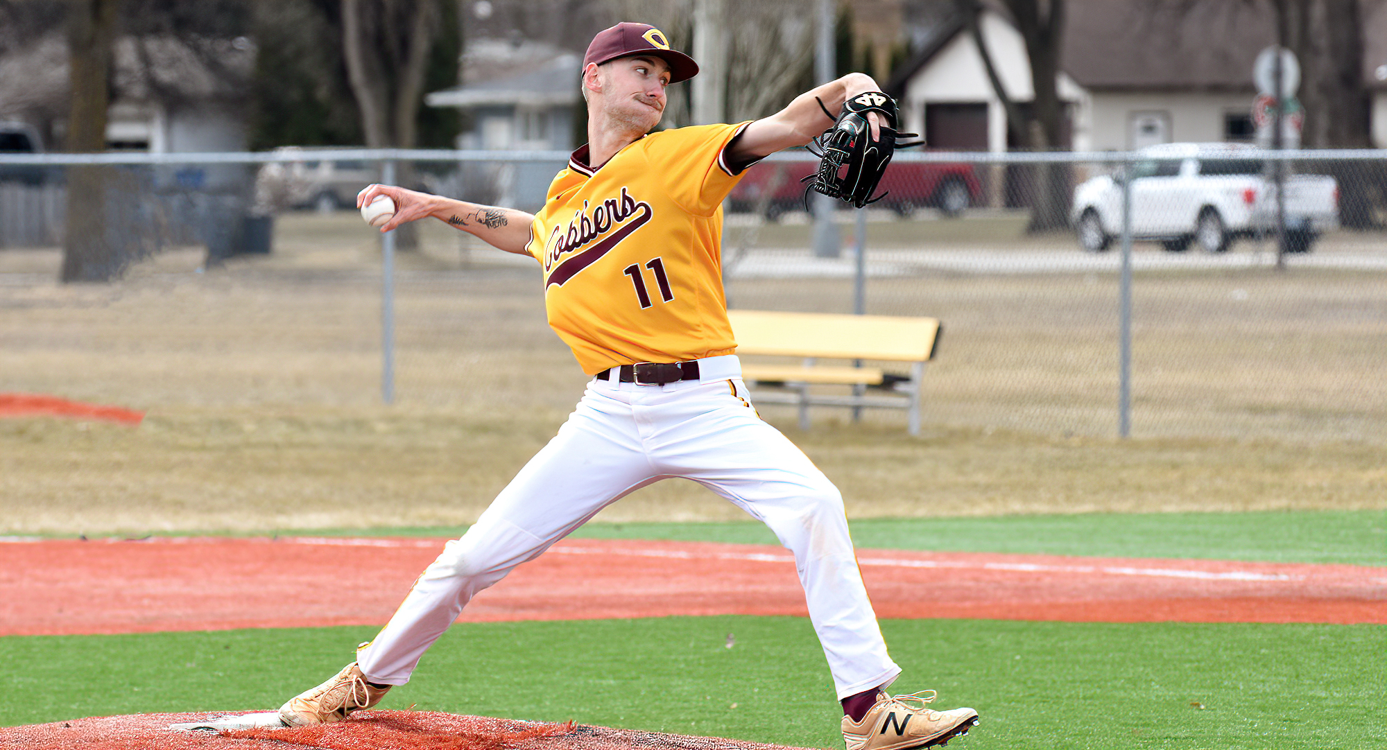 Junior Ashwin Stratton pitched a complete-game, 3-hitter in the Cobbers' 9-0 win in the first game against St. Scholastica.