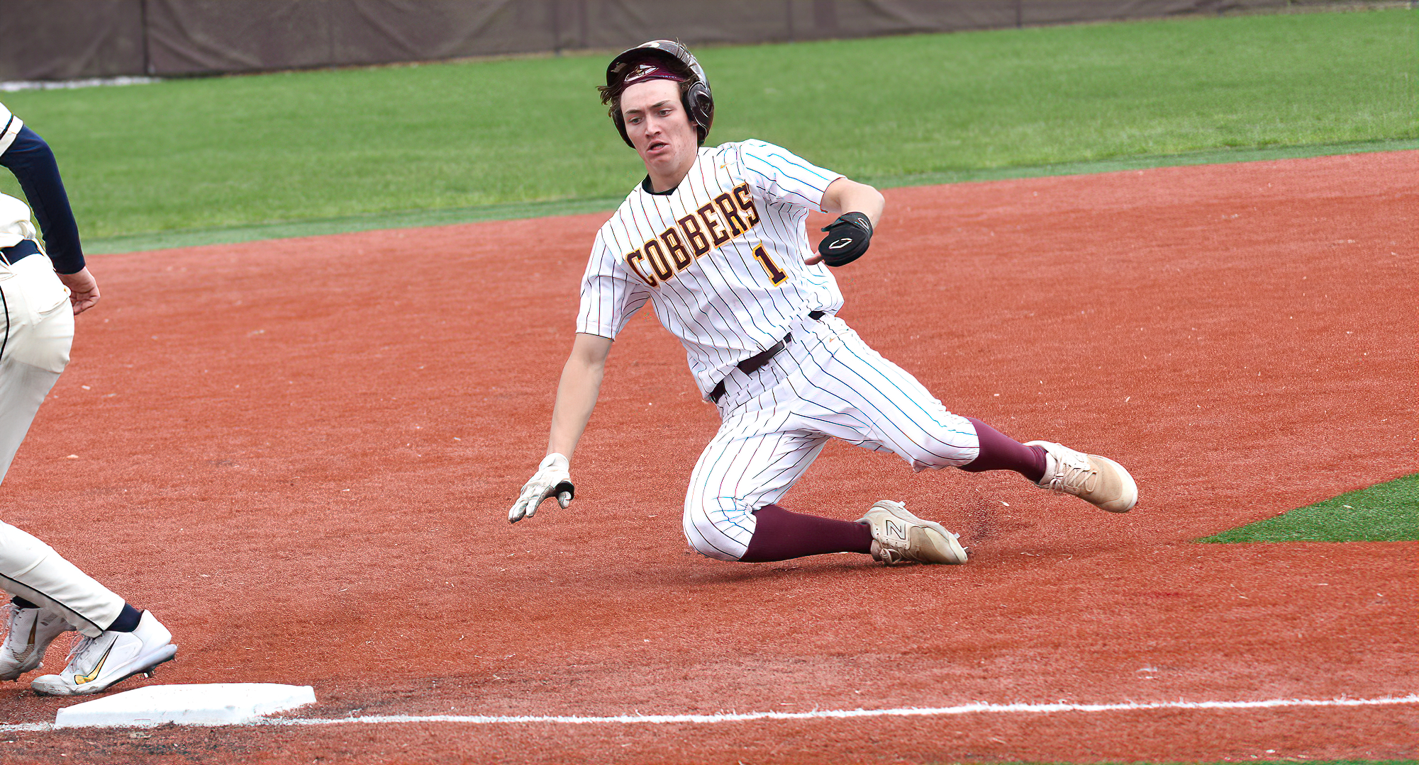 Caiden Kjelstrom was one of two Cobbers to have a hit in both games of the Cobbers' MIAC-opener twinbill at St. Olaf.