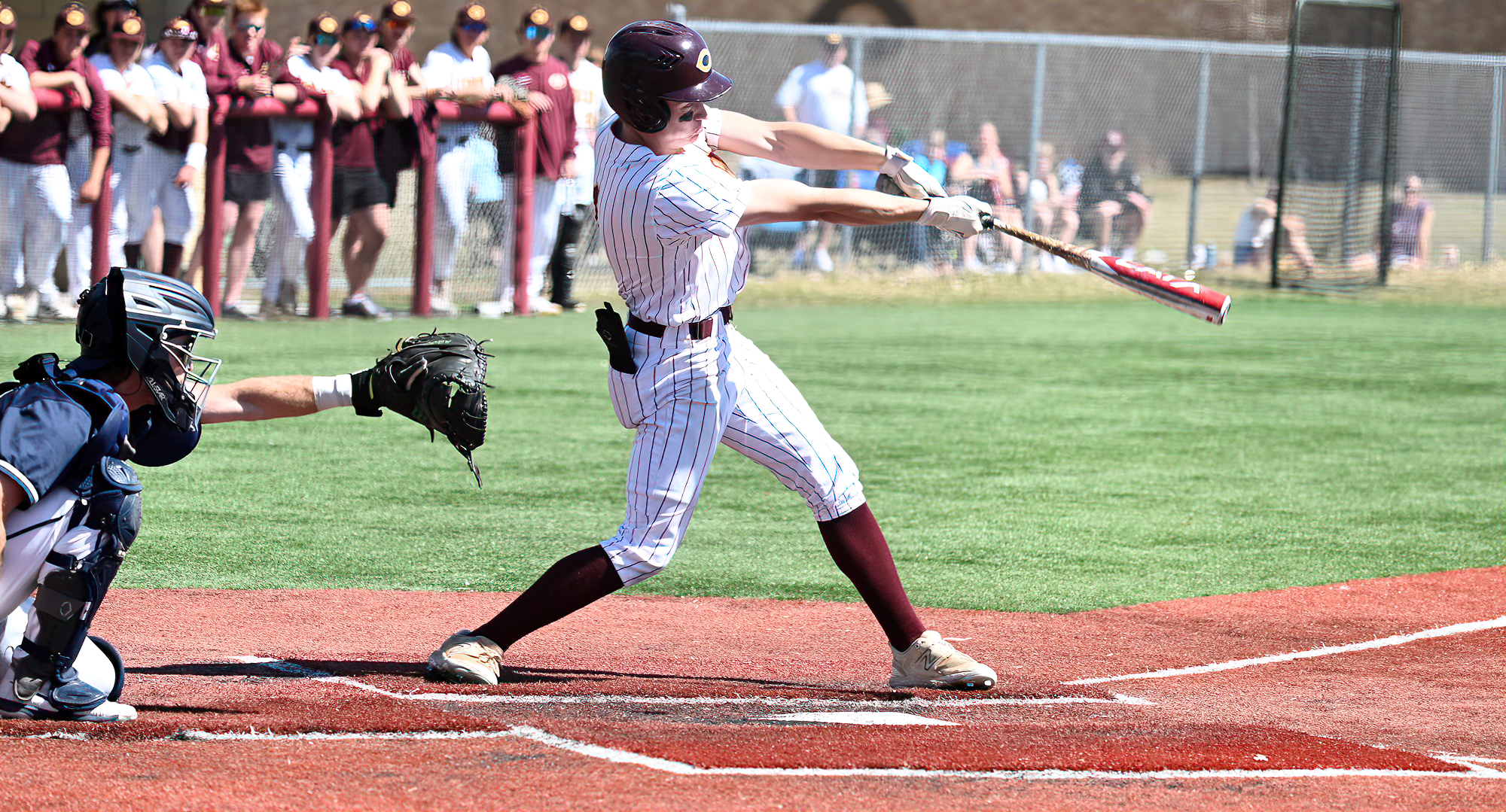 Caiden Kjelstrom hit his first collegiate home run in the Cobbers' doubleheader at Gustavus. He went 3-for-4 with four RBI in Game 1.