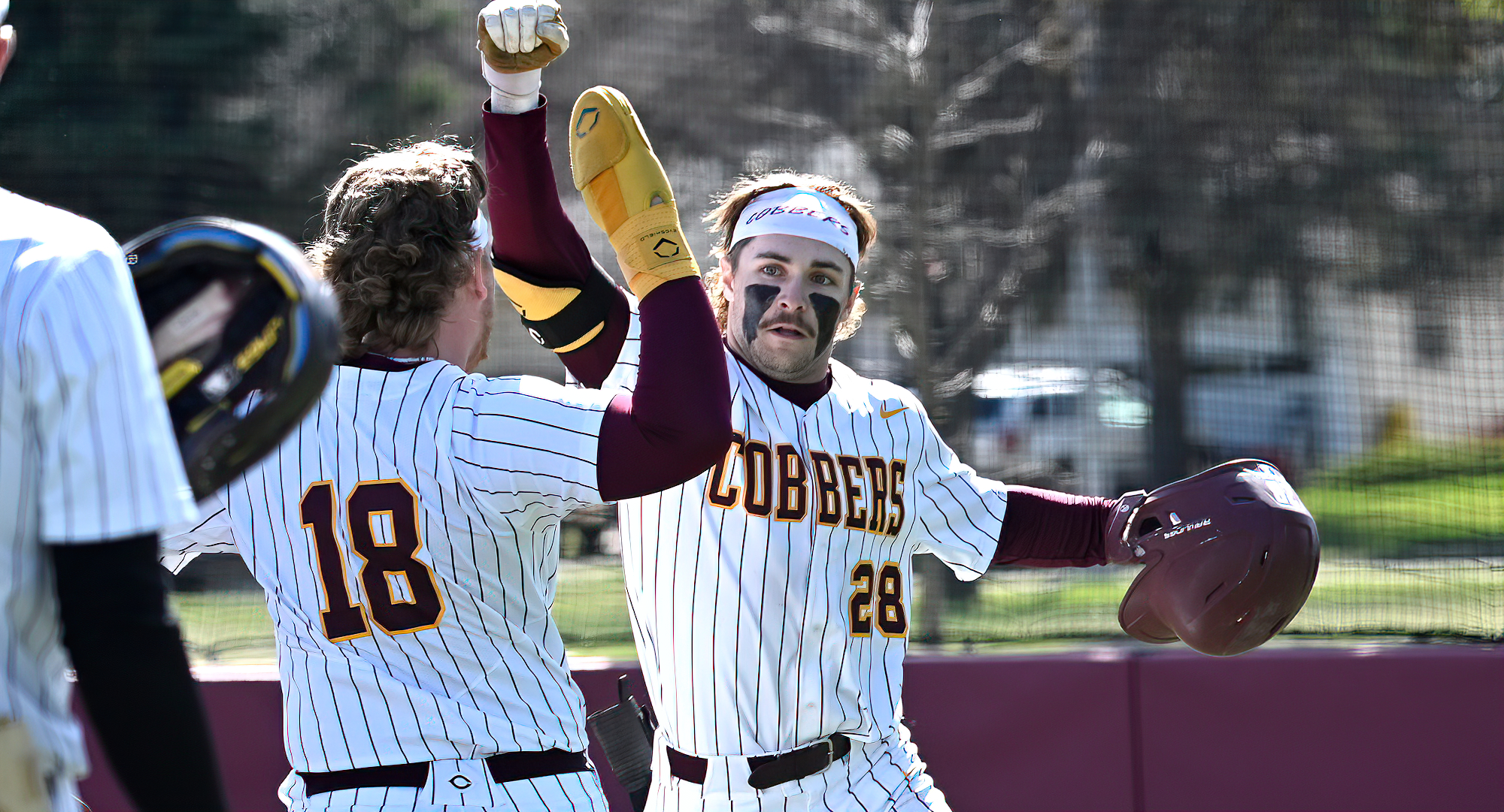 Junior David Dorsey celebrates his grand slam in Game 1 of the Cobbers' split with St. John's. Dorsey had three homers on the day.