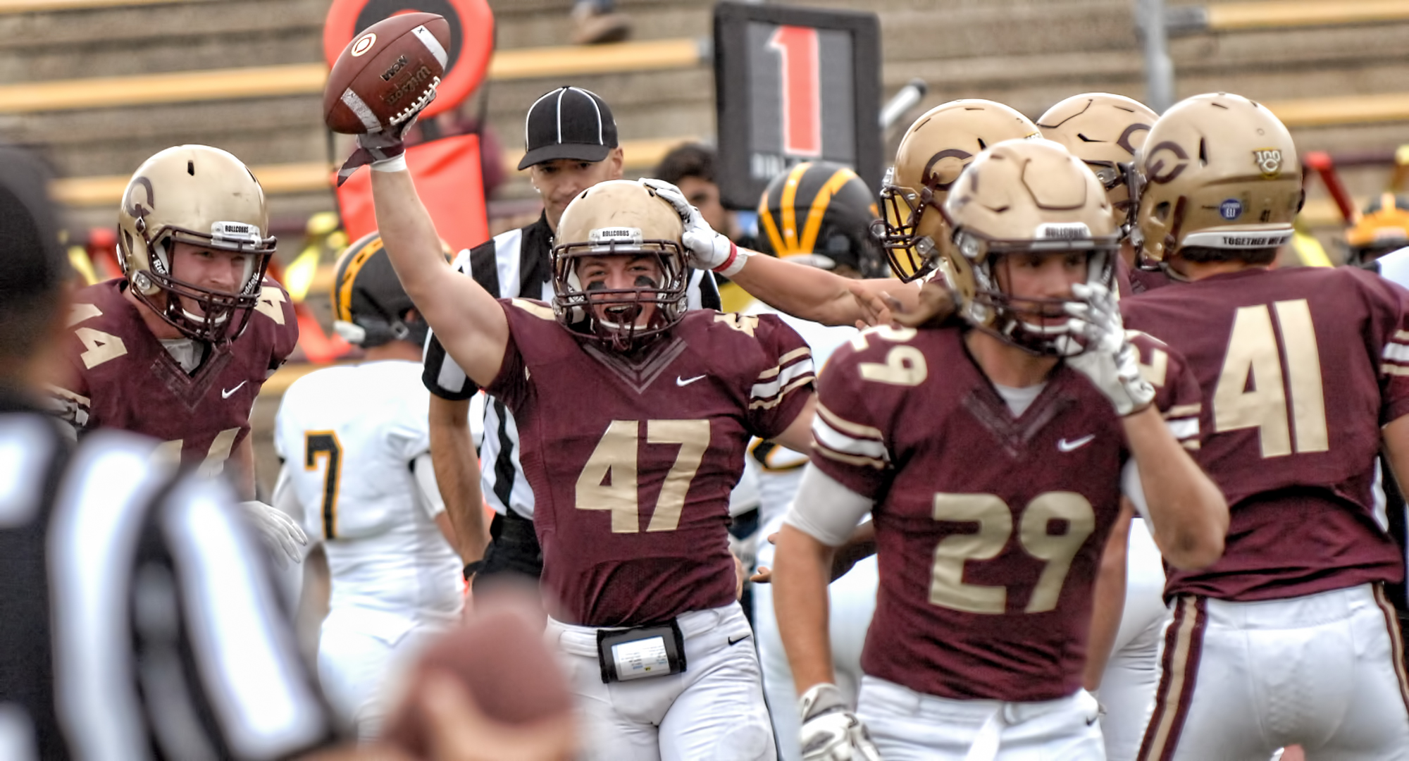 Sophomore Sam Michel is all smiles after recovering a fumble on a kickoff in the Cobbers' 27-17 win over Gustavus.