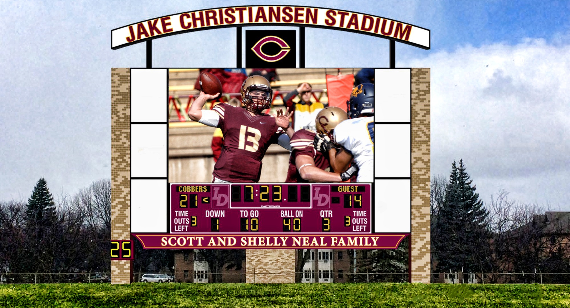 A rendering of the brand new video scoreboard on the west end of Jake Christiansen Stadium.