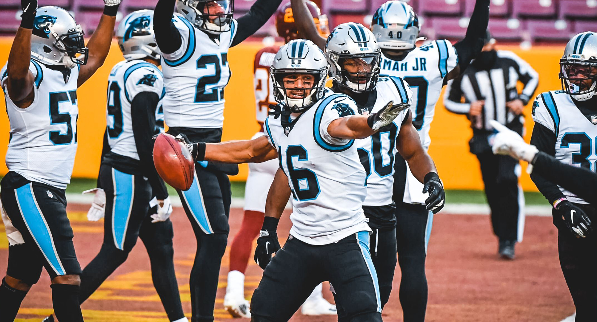 Former Cobber Brandon Zylstra gets ready to spike the ball after his first career touchdown. (Photo courtesy of the Carolina Panthers).