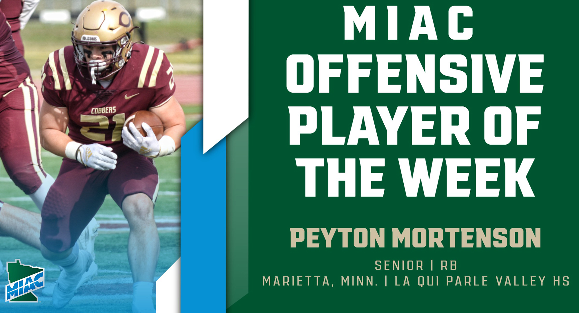 Peyton Mortenson rushed for 166 yards and scored three touchdowns in the Cobbers' win over Macalester.