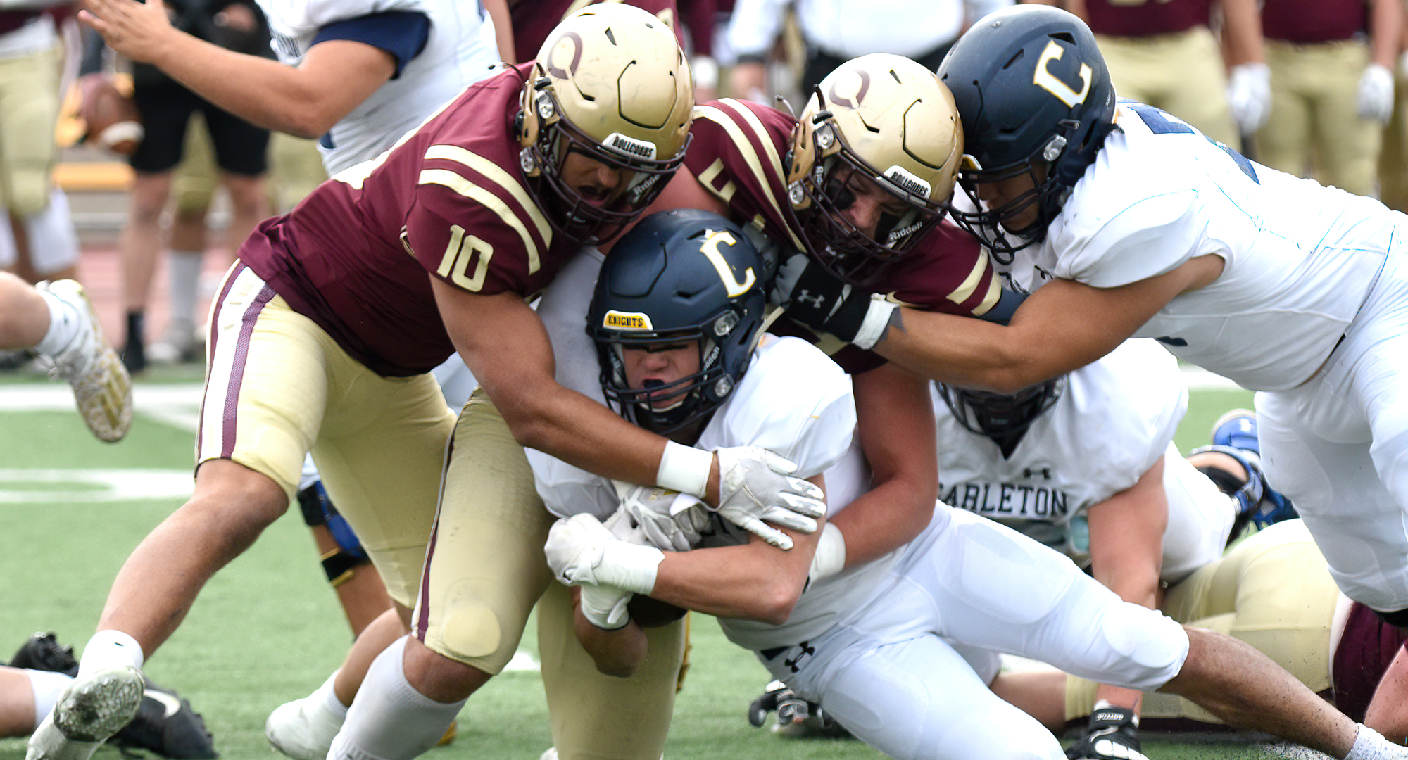 Ty Moser (#10) and Noah Jenson led the Cobber defense in their game against Carleton. The pair of seniors combined for 24 tackles.