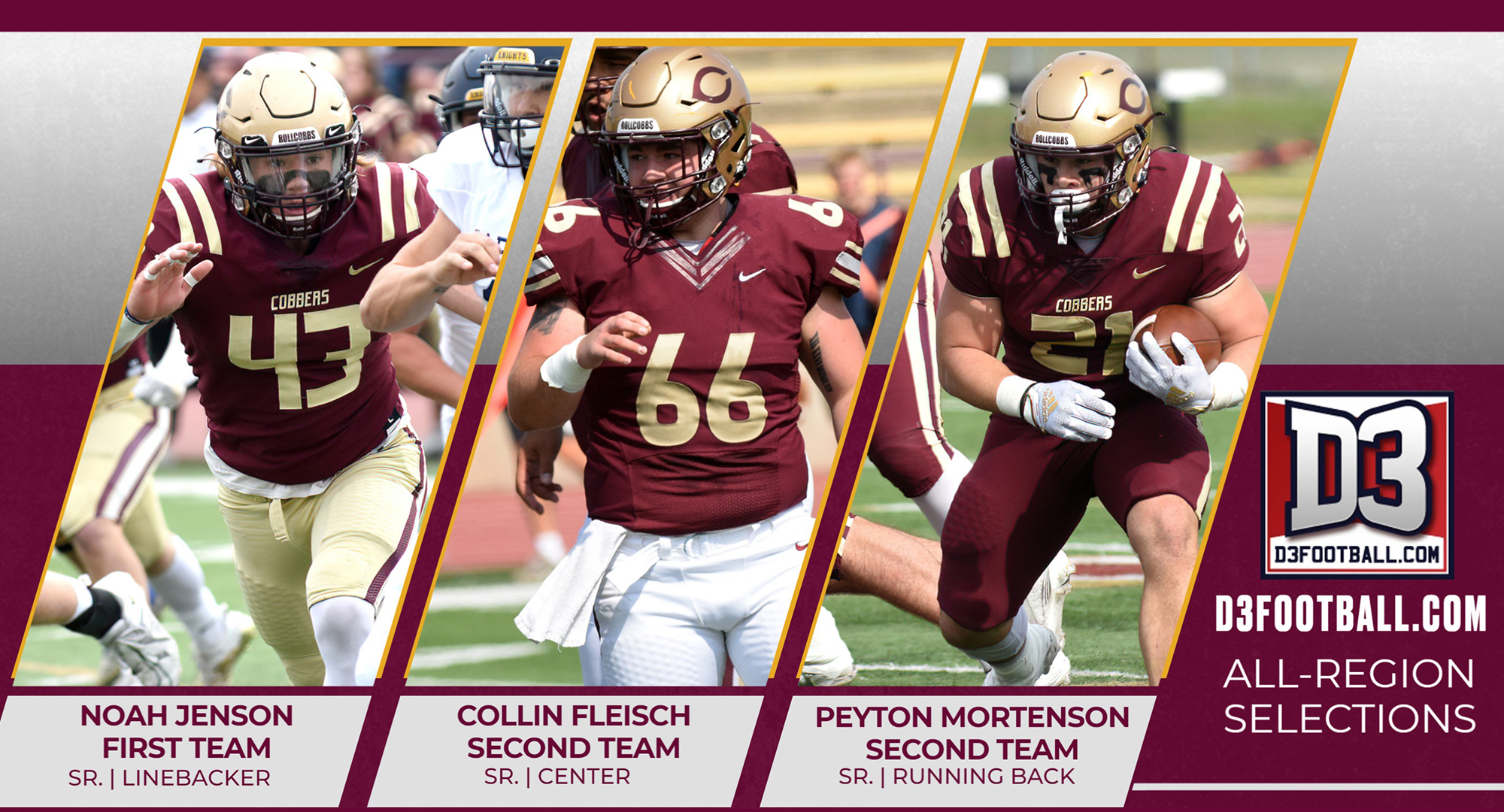 Seniors Noah Jenson, Collin Fleisch and Peyton Mortenson all earned D3football.com All-Region honors.