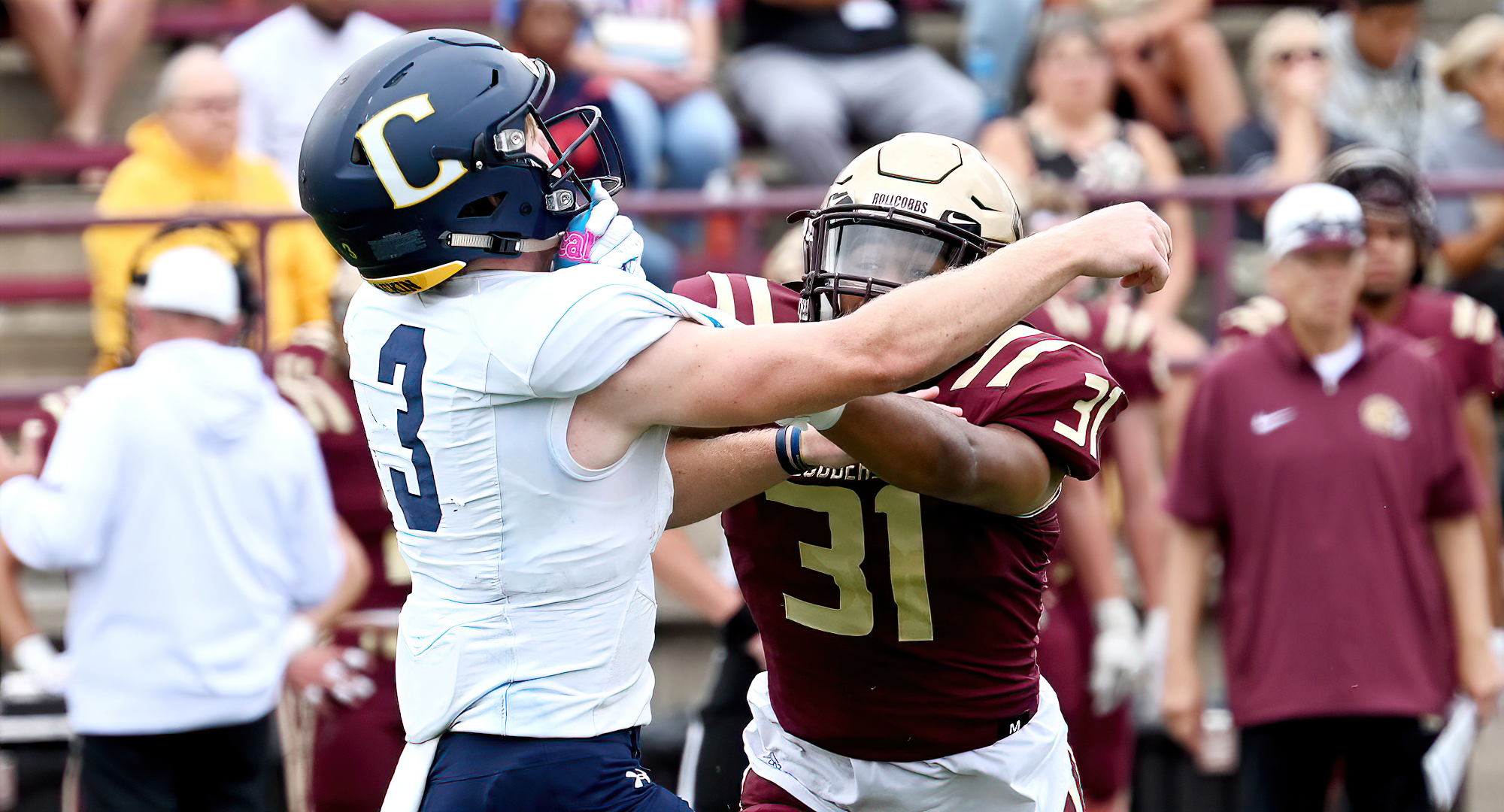 Junior linebacker Jaiden Musse had a Pick 6, and helped the Cobber defense only allow six points, in the teams' 31-6 win at Carleton.