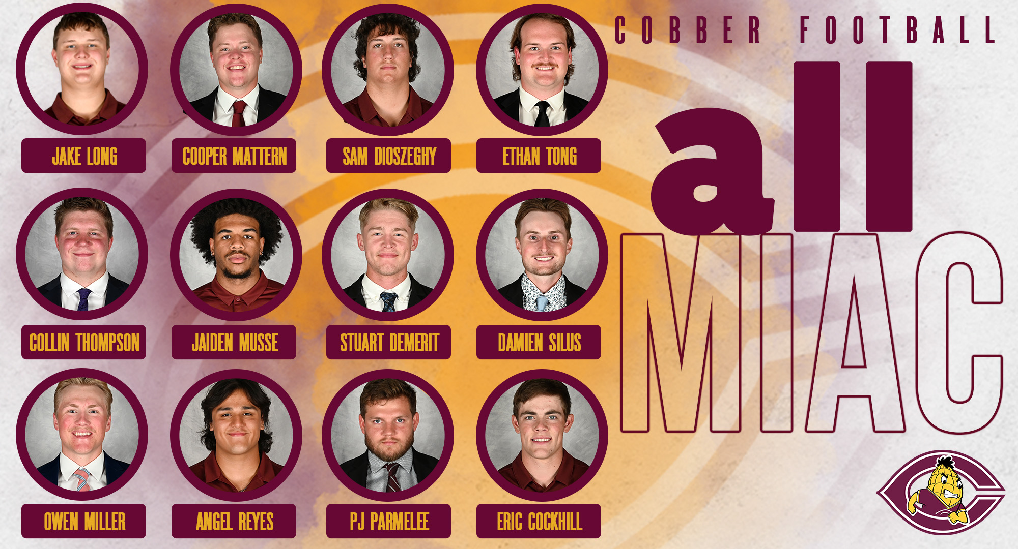 Concordia had a dozen players earn MIAC postseason honors for the second straight season.  Jake Long was named the MIAC Rookie of the Year. 